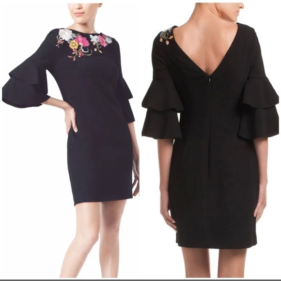 $358 Trina Turk Sz 2 Black Floral Embroidered Mini Sheath Dress xs Bell Sleeve - Picture 1 of 12